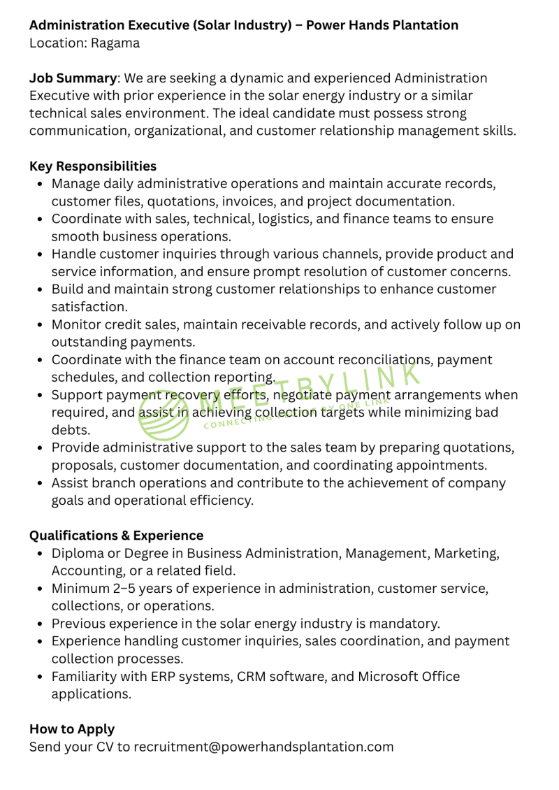 Administration Executive (Solar Industry)