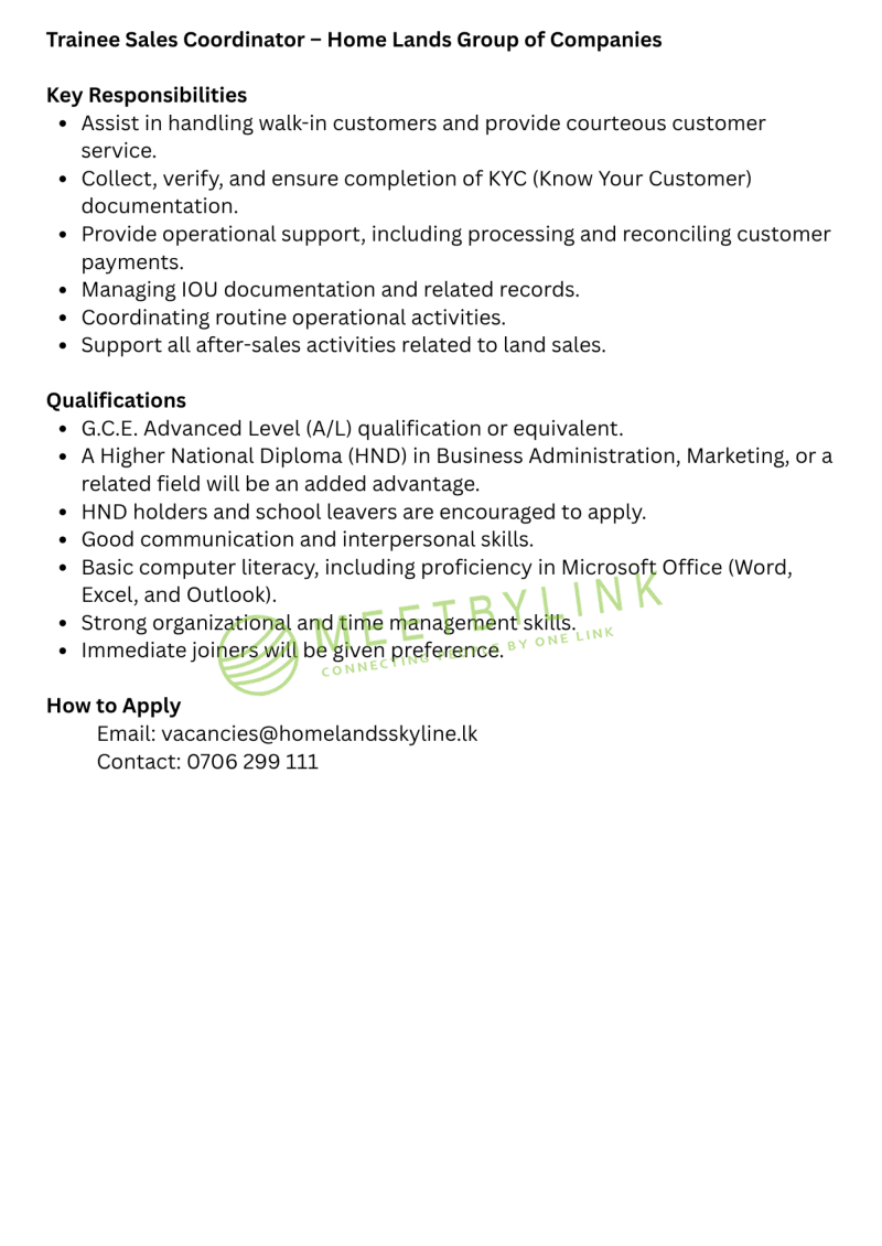 Trainee Sales Coordinator
