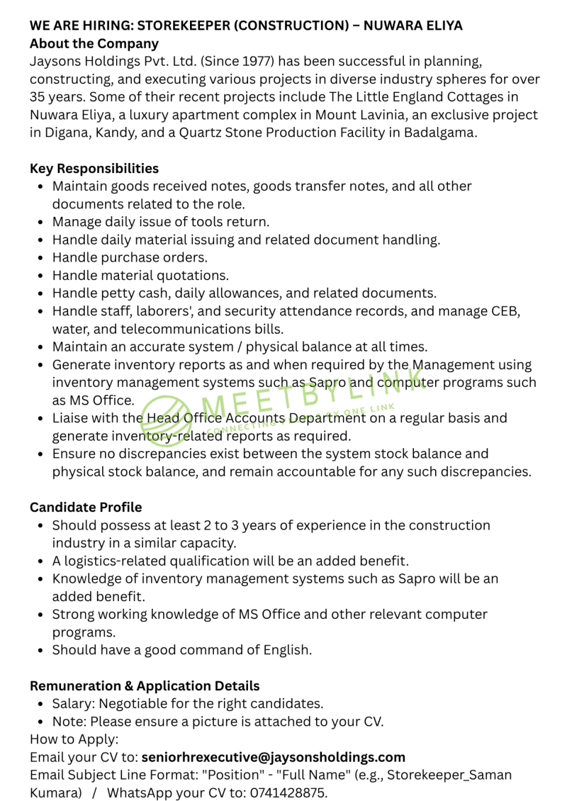 STORE KEEPER (CONSTRUCTION) – NUWARA ELIYA