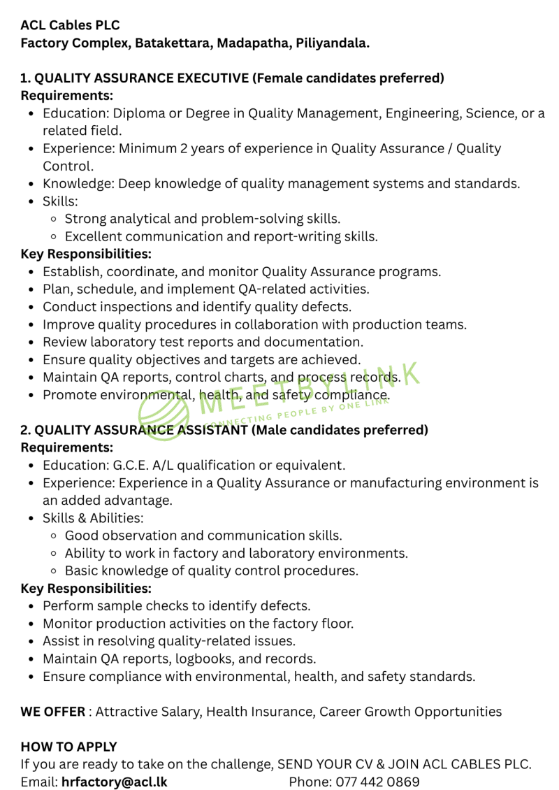 QUALITY ASSURANCE EXECUTIVE / QUALITY ASSURANCE ASSISTANT
