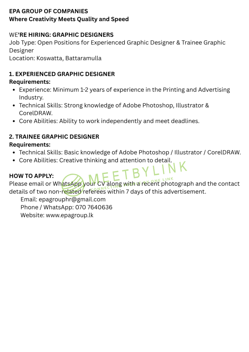 EXPERIENCED GRAPHIC DESIGNER / TRAINEE GRAPHIC DESIGNER