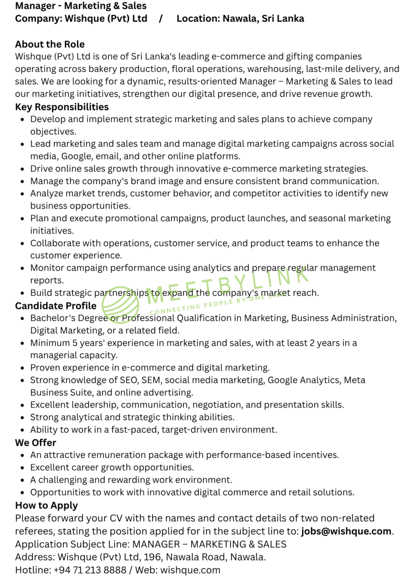 Manager - Marketing & Sales