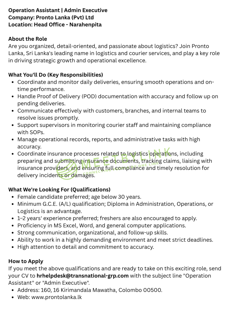 Operation Assistant | Admin Executive