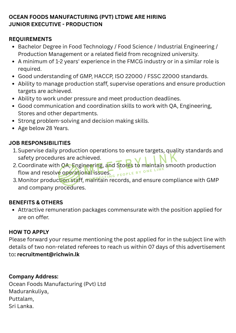 JUNIOR EXECUTIVE - PRODUCTION