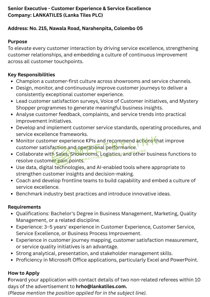 Senior Executive - Customer Experience & Service Excellence