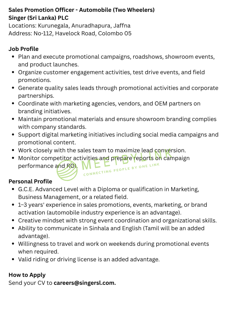 Sales Promotion Officer - Automobile (Two Wheelers)