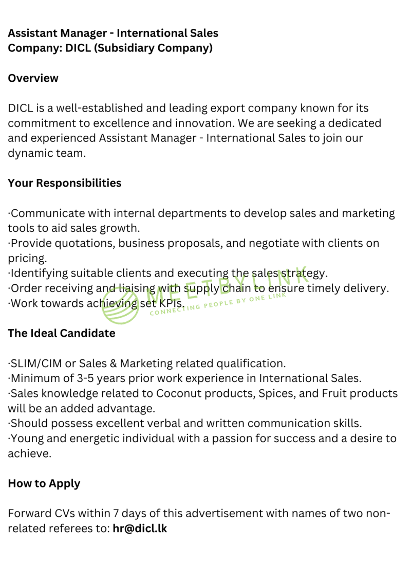 Assistant Manager - International Sales