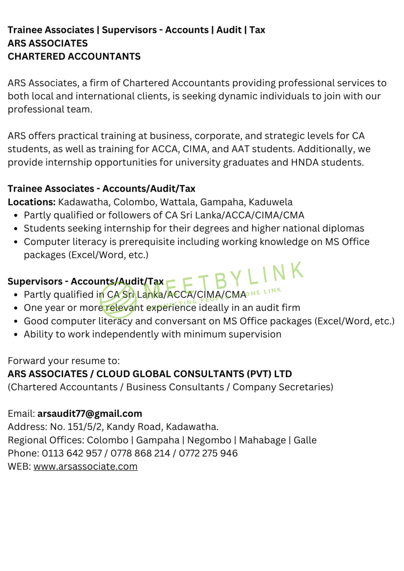 Supervisors/ Trainee Associates -Accounts/Audit/Tax