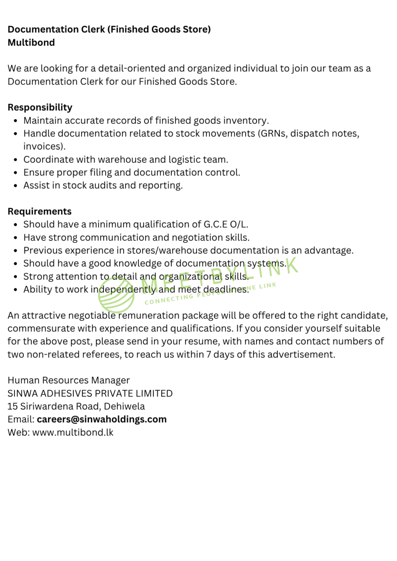 Documentation Clerk (Finished Goods Store) 