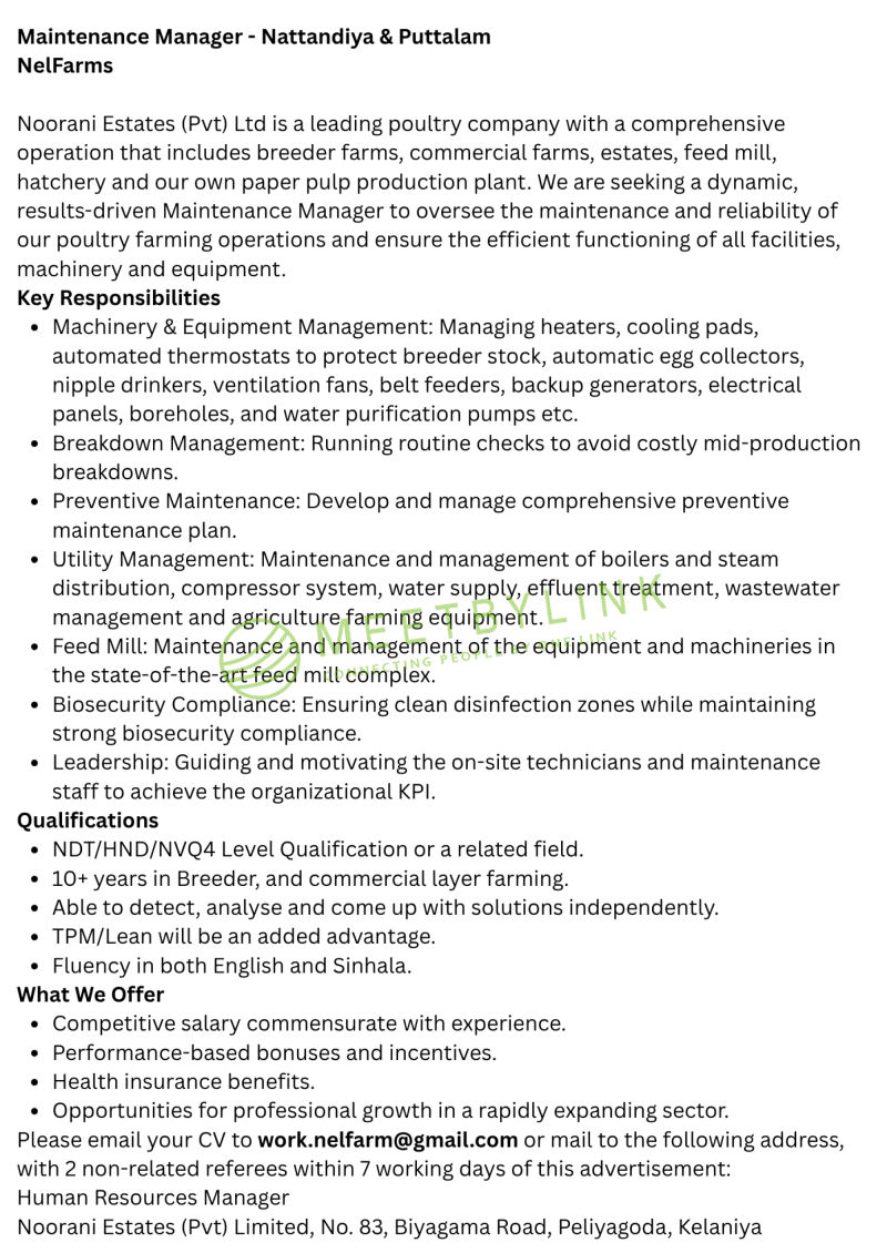 Maintenance Manager - Nattandiya & Puttalam