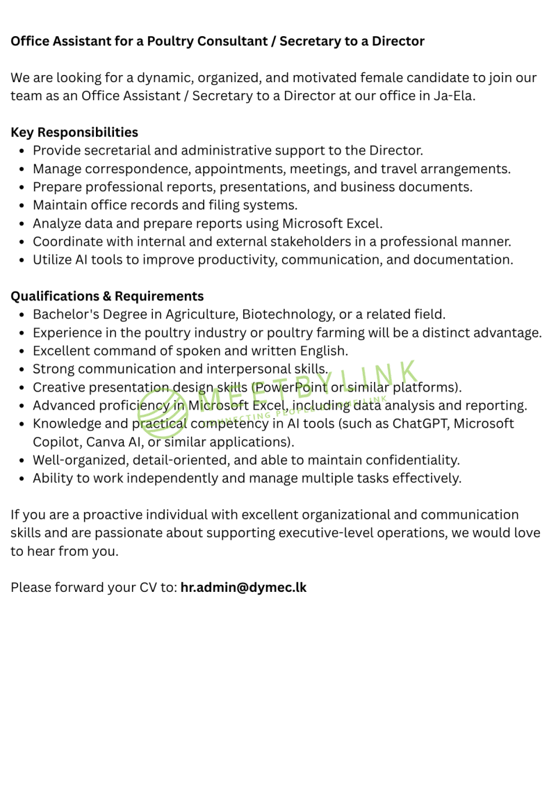 Office Assistant for a Poultry Consultant / Secretary to a Director