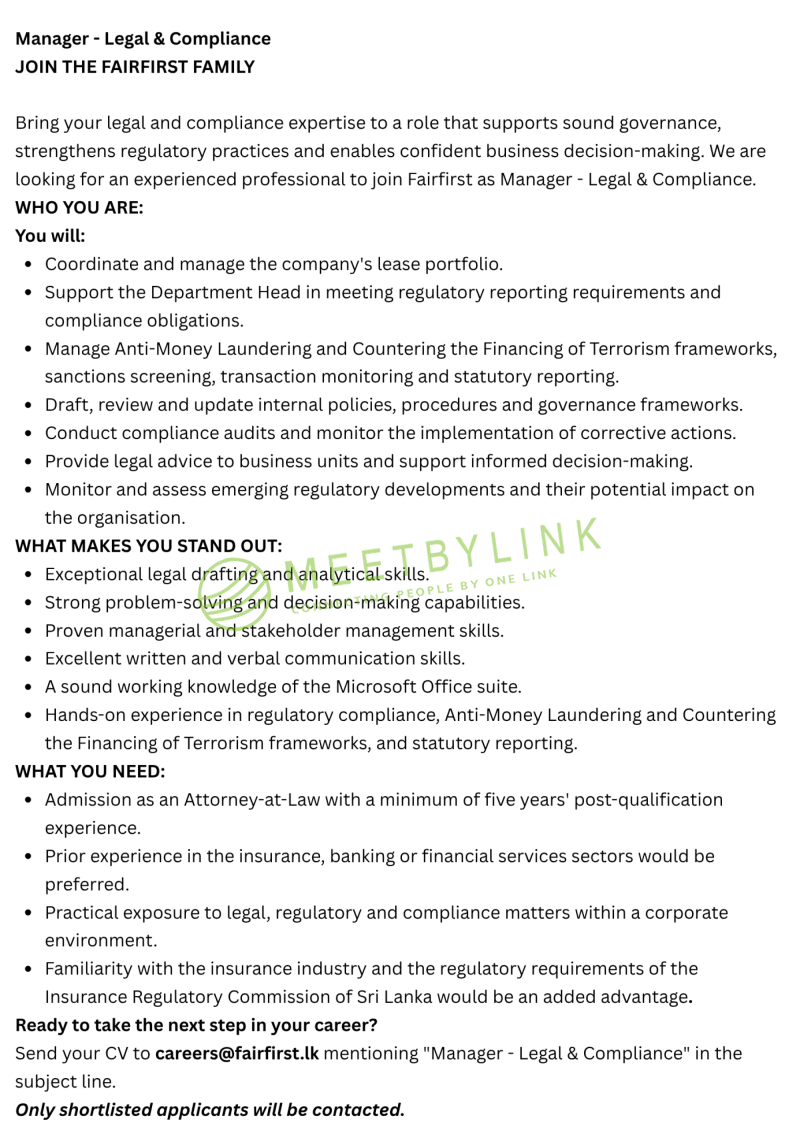 Manager - Legal & Compliance