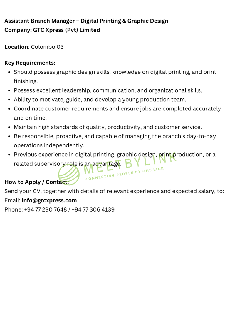 Assistant Branch Manager – Digital Printing & Graphic Design